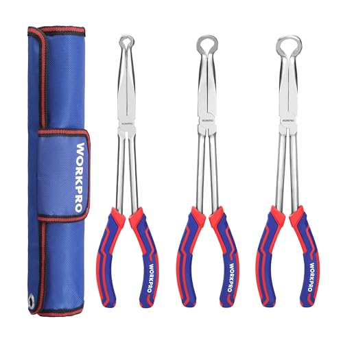 WORKPRO 3 PCS 11" Hose Gripper Plier Set, Dia. 5/16'', 1/2'' and 3/4'' | Long Reach Hose Gripping Pliers, Spark Plug Boot Removal Pliers, Serrated Jaws for Hard to Reach Narrow Spaces
