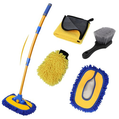 5PCS Car Wash Brush with Long Handle, 15°Curved Car Cleaning Brush with Replaceable Head Cover, Truck Washing Brushwith Telescopic Handle Wash Mop Kit (Blue) - color: Blue