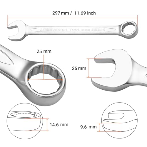 Jetech 25mm Combination Wrench, Metric 12-Point Chrome Vanadium Steel Spanner, Industrial Grade with 15-Degree Offset, Sand Blasted Finish, Heat-Treated Forged Tool - size: 25mm