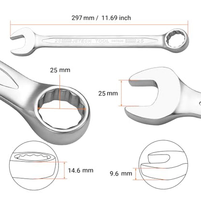 Jetech 25mm Combination Wrench, Metric 12-Point Chrome Vanadium Steel Spanner, Industrial Grade with 15-Degree Offset, Sand Blasted Finish, Heat-Treated Forged Tool - size: 25mm