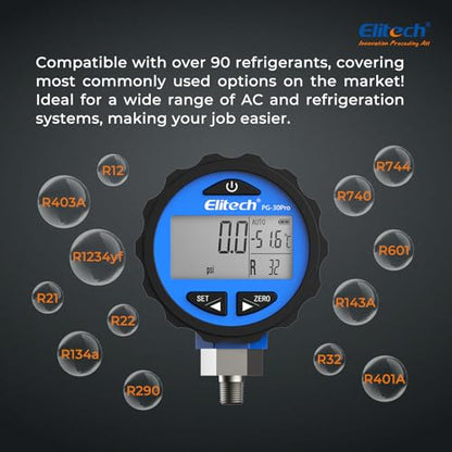 Elitech PG-30Pro Blue Refrigeration HVAC Digital Pressure Gauge -14.5-500 PSI 1/8'' NPT - size: -14.5-500 PSI, style: 1/8'' NPT
