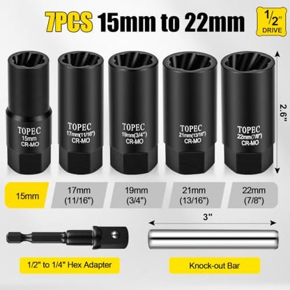 Topec Locking Lug Nut Removal Tool, 7-Piece Wheel Lock Removal Kit | 15,17,19,21,22MM Deep Lug Nut Extractor, 1/2" Drive Stripped Bolt Remover Socket Set - size: 7 PCS