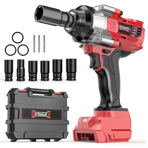 DIYtoolifz Cordless Impact Wrench 1/2 inch Compatible with Milwaukee 18V Battery, 1000 FT-LBS(1360N.m) Electric Impact Gun, High Torque Power Impact Driver with 6Pcs Sockets & Storage Case (Tool Only) - color: Red - 1000 Ft-lbs & Sockets