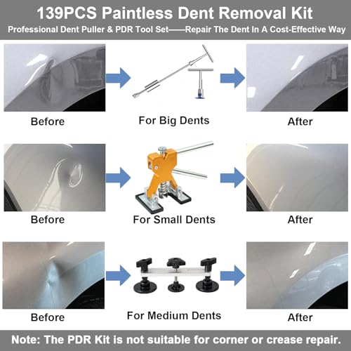 Paintless Dent Repair Kit Professional Auto Body Puller Tool-139 Pcs | Features 2-in-1 slide hammer, bridge puller, 100W glue gun, and 62 tabs for hail damage and door dings - size: Dent Puller Kit-139 Pcs
