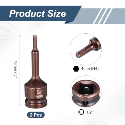 HARFINGTON 2pcs Impact Hex Bit Socket 1/2" Drive 4H (4mm) Hex Bits 3" Length S2 Steel Metric Impact Wrench Socket Adapter Tool for Automotive Repair Industrial Construction and Home DIY - size: H4 x 1/2" x 3"