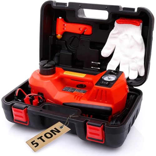 STANDTALL Electric Car Jack Quick Lifting Safe and Portable with Tire Inflator and LED Light Complete Set of Accessories 12V Hydraulic Floor Jack - color: Red