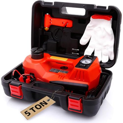 STANDTALL Electric Car Jack 5 Ton 12V Hydraulic Jack, Built-in Inflator | Fits Sedan SUV Truck, Lift Range 5.9-17.7in, 35L/min Air Pump, 150 PSI Gauge, One-Button Lifting, Compact Case - color: Red