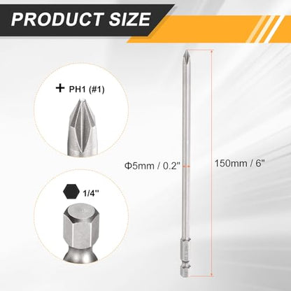 HARFINGTON 4pcs #1 Phillips Screwdriver Bit PH1 1/4" Hex Shank 6" (150mm) Long 0.2" Rod Magnetic Cross Head Drill Bits S2 Steel Industrial Screw Driver Bit for Electric Power Tools, Gray - size: PH1 x 6" x 0.2"
