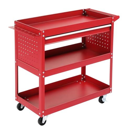 Generic 3-Tier Rolling Tool Cart, Black Steel, 330 LBS Capacity, Wheels with Lock, Pegboard & Drawers, Ideal for Garage, Warehouse & Home Use - color: B