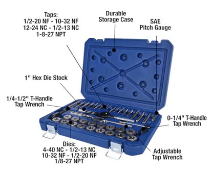 Century Drill & Tool 98900 Fractional Tap and Die Set, 40-Piece, Steel - size: 40-Piece