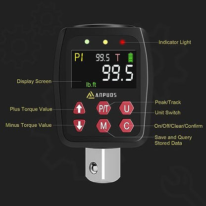 ANPUDS 1/2" Digital Torque Adapter, 5-99.5Ft-lb/6.75-135Nm, ±1% Accuracy | Digital Torque Gauge, 10 Presets & 500 Data Memory, Buzzer & LED Indicator, 3/8" & 1/4" Adapters, for Motorcycle, Car - size: 5-99.5 Ft-lb/6.75-135 Nm