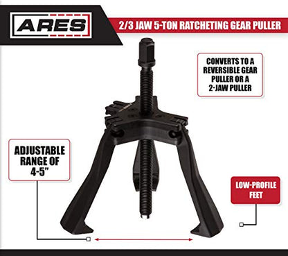 ARES 70434 - Reversible 2/3 Jaw 5-Ton Ratcheting Gear Puller - Chrome Moly Steel Construction - 4-Inch to 5-Inch Adjustable Range - Removes Gears, Pulleys, and Flywheels - size: Reversible 2/3 Jaw 5-Ton Puller