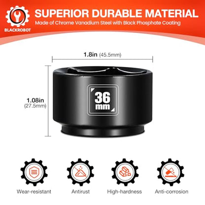 BLACKROBOT 36mm Low Profile Oil Filter Socket, 3/8" Drive 6-Point Oil Filter Cap Remover and Installer Tool, Chrome Vanadium Steel - size: 36mm