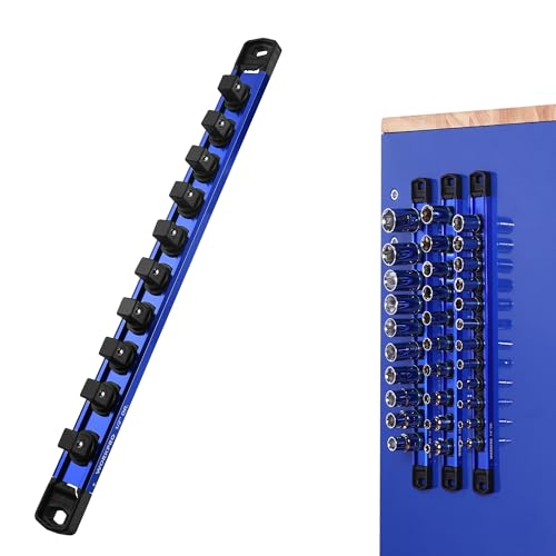 WORKPRO Magnetic Socket Organizer, 1/2" Adjustable Push-Button Socket Rail | Modular Socket Holder, Aluminum Alloy, 10 Pieces Clips, Customizable, Rotatable and Movable Clips, Quick Access, Quick Access - color: Blue, size: 1/2" DR