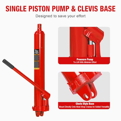 Big RED AQD3TR Hydraulic Long Ram Jack 3 Ton Heavy Duty Engine Hoist Cylinder with Clevis Base & Single Piston Pump - Professional Hydraulic Ram Cylinder for Garage Repair, Auto Shop, Farm Equipment - style: 3 Ton/NEW VERSION