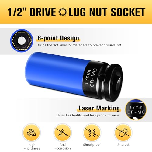 BOEN 17mm 1/2" Drive Wheel Protector Impact Socket, Non-Marring Lug Nut Thin Wall Deep Socket Set, Chrome-Molybdenum Steel, 6 Point, Color-Coded Protective Socket