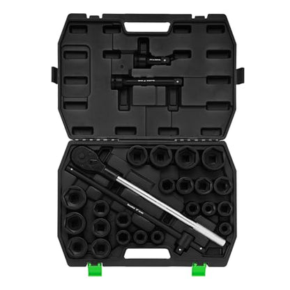 TecoTek 3/4" Drive Shallow 6-Point Impact Socket Set, 27-Piece Jumbo Assortment, CR-MO, SAE (7/8-Inch to 2-Inch) and Metric (22mm to 50mm), Ratchet Handle with Extensions