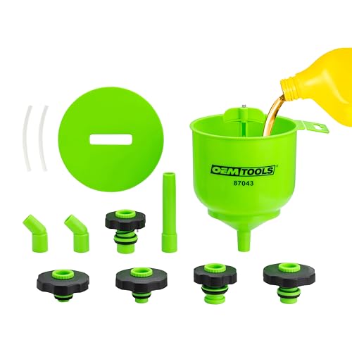 OEMTOOLS 87043 No-Spill Professional Quality Coolant Funnel Kit, Easily Fill Antifreeze Coolant Set Includes 5 Adapters, Extensions, and Automotive Funnel, Air Venting, Drip-Free, Green - style: Professional Quality
