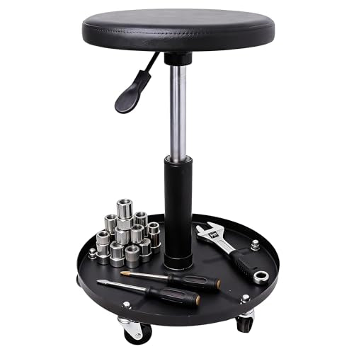 Mechanic Stool with Wheels,Rolling Pneumatic Garage Shop Seat | Garage shop roller seats,Adjustable Height Roller Mechanics Chair with Tool Tray for Workshop Auto Repair - color: Black