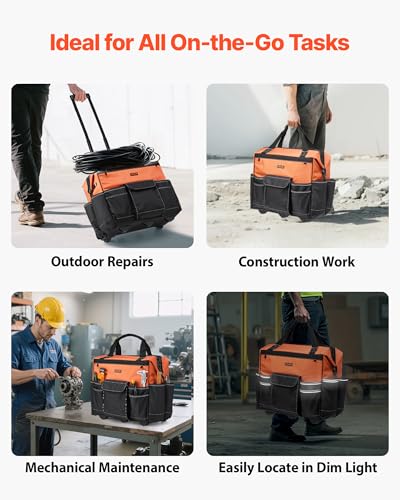 VEVOR 20" Rolling Tool Bag, 110 lbs Load Capacity, 27 Pockets Heavy Duty Roller Tool Bag on Wheels, Adjustable Telescoping Handle & Stable Base, Toolbag Organizers w/Wheels for Construction, Mechanic - size: 20 in
