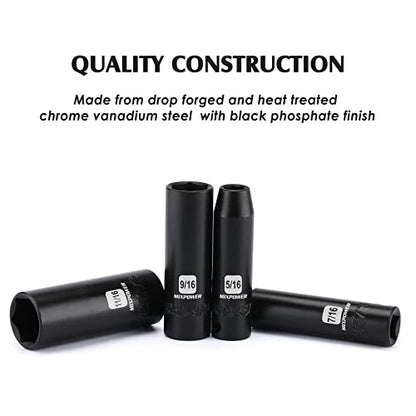 MIXPOWER 12 Pieces 3/8-Inch Drive Deep Impact Socket Set, 5/16 to 1 inch, CR-V, SAE, 6 Point, Deep, 12 Pieces 3/8" Dr. Socket - size: 5/16" - 1" (Deep)