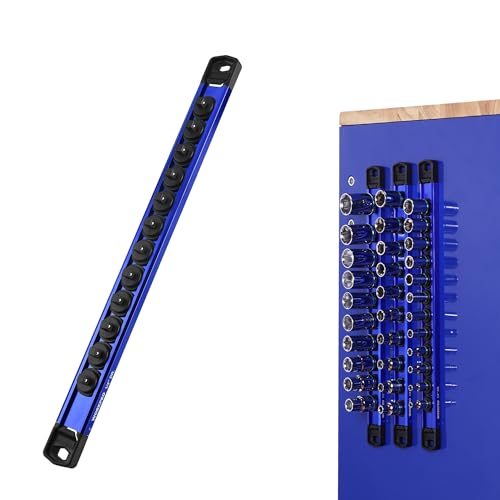 WORKPRO Magnetic Socket Organizer, 1/4" Adjustable Push-Button Socket Rail | Modular Socket Holder, Aluminum Alloy, 12 Pieces Clips, Customizable, Rotatable and Movable Clips, Quick Access, Quick Access - color: Blue, size: 1/4" DR