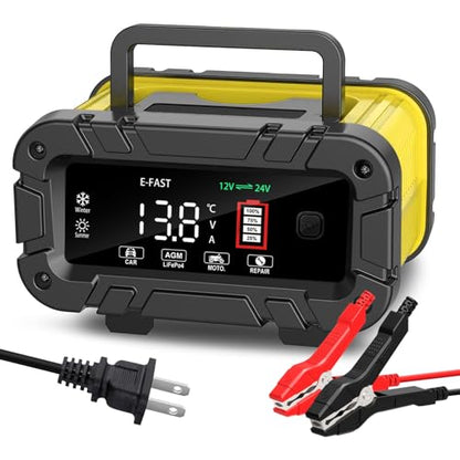 E-FAST 20A Smart Car Battery Charger, 12V 24V Maintainer & Desulfator - Compatible with LiFePO4 Lithium, AGM, Gel, SLA, Deep Cycle - High-Power Trickle Charger for Car, Truck, RV, Boat, Marine