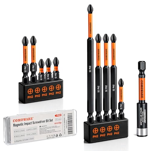COMOWARE 11pcs Phillips Impact Screwdriver Drill Bits #2, S2 Steel 1/4" Hex Bit Set, Anti Slip Screwdriver Bits, 1-6" Length, CNC Tip Magnetic Drill Bit Magnetic Bit Holder for Power Drill - color: Ph2 11pcs