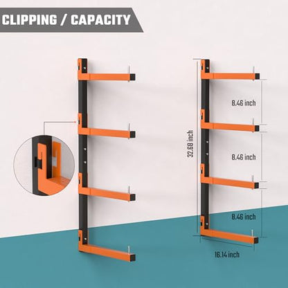 Lumber Storage Rack, Snap-Fit Connection Lumber Rack Wall Mount, Heavy Duty Metal 8 Level-32 Inch Wood Storage Rack - color: Orange - 8 Tier (Snap-Fit)