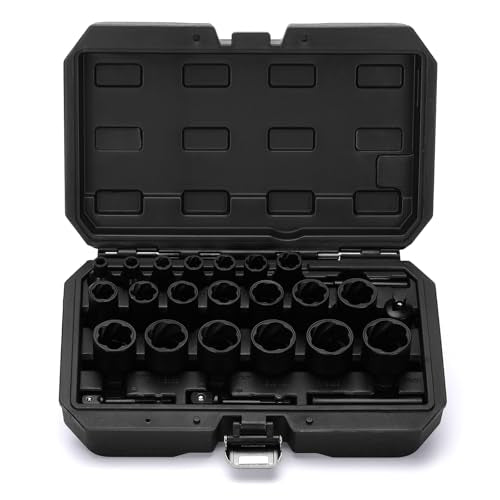 EMENTOL 25 Pieces Bolt Nut Extractor Set, 1/2" and 3/8" Drive Impact Lug Nut Remover Socket Tool, Wheel Lock Removal Kit for Removing Stripped Rusted Nuts/Damaged Nut or Bolt/Locknuts