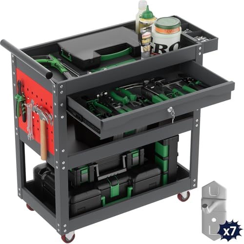 ALANNG 330 LBS Rolling Tool Cart with 1 Drawer & 3 Shelves | Heavy Duty Mechanic Cart Includes 7 Hooks, 2 Pegboards & Screw Organizer | Metal Service Cart for Garage Workshop (Grey, 1 Pack) - color: Gray