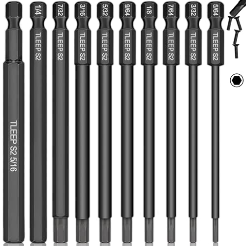 10 x Long 100MM 1/4 Inch Hex Head Allen Wrench Drill Bits, 5/16” to 5/64”, SAE, Magnetic Tips Screwdriver Socket Bit Set for Ikea Type Furniture (S2 Steel 5/16 inch to 5/64 inch) - color: Set 1: 5/16" to 5/64", 100mm Black