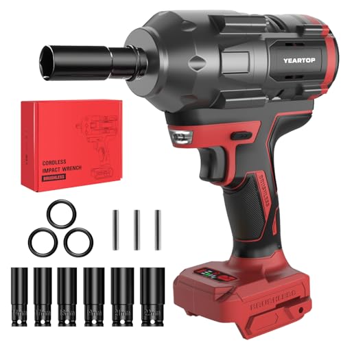 Cordless Impact Wrench 1/2" compatible with Milwaukee 18V Battery, 900Ft-lbs High Torque Brushless Impact Driver with 4-Mode Speed, Impact Gun with 6 Sockets & LED Light (Tool Only) - color: Red