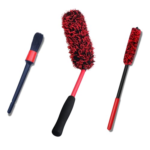 oesee Angled Wheel Brush Kit 3 Pack- Angled Microfiber Wheel Brush, Wheel Barrel Brush, Detailing Brush Scratch Free Calipers Wool Spoke Brush Cleans Brake Dust from Barrels& Hard to Reach Areas - color: Angle Red 3 Pack