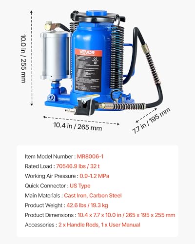 VEVOR Air Hydraulic Bottle Jack, 32 Ton/70500 LBS, Hydraulic Floor Car Jack with Manual Hand Pump, Heavy Duty Pneumatic Bottle Jack Hoist for Auto Truck Travel Trailer Repair Lift - size: 32T Air Hydraulic