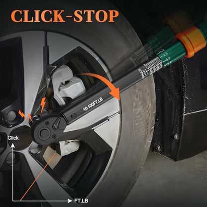 3/8" Click Torque Wrench, 10-100 Ft-Lb, 72-Tooth, ±3% Accuracy | Dual Direction Reversible Ratchet Head, Quick Release, for Spark Plug, Brake Caliper, Motorcycle, Automotive & Engine Repair - size: 10-100 ft.lb（3/8-Inch）