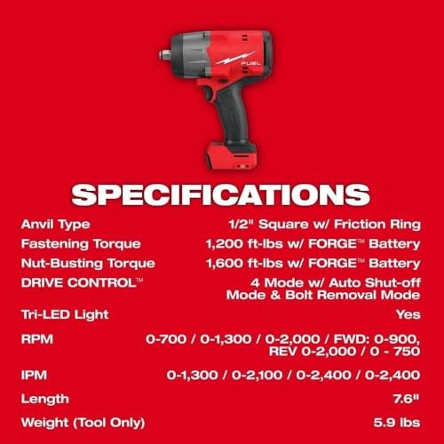 2967-20 for Milwaukee M18 FUEL 1/2" High Torque Impact Wrench w/Friction Ring Length 7.6 in Height 9.35 in Width 3.13 in