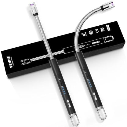 VEHHE USB Lighter, Candle Electric Lighter with Safety Lock Rechargeable Arc Lighters with LED Display, 360° Flexible Long Neck Lighters for Candles Grilling Cooking Barbecue Camping Windproof - color: Black & Black