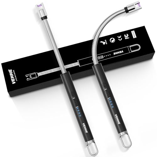 VEHHE USB Lighter, Candle Electric Lighter with Safety Lock Rechargeable Arc Lighters with LED Display, 360° Flexible Long Neck Lighters for Candles Grilling Cooking Barbecue Camping Windproof - color: Black & Black