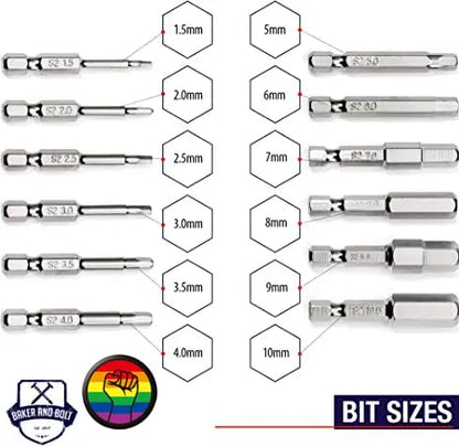 Metric Allen Wrench Drill Bit Set - Premium 12pc Complete Set w/Storage Case and Bit Holder - 1.5mm - 10mm 1/4in Hex Shank Magnetic Bit Set - The GIFD Collection S2 Steel Long 2in drive heads - style: ALLEN (METRIC)