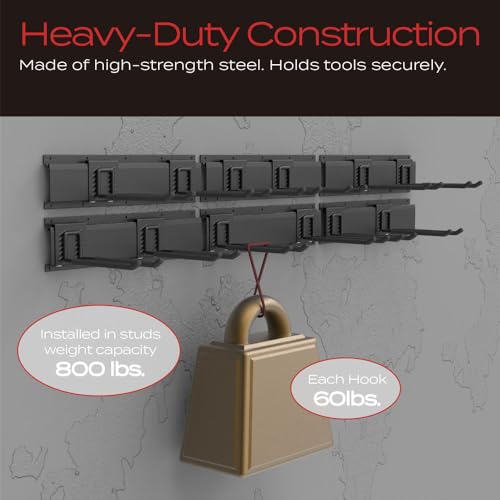 VAULTON Heavy Duty Metal Slot Wall Panel Garage Organization Kit, 6 * 16inches, Wall Mounted Tool Organizer With 12 Double Hooks, Interlocking Slot Panel, 18pcs - style: 96inch 6 Panels+12 Hooks