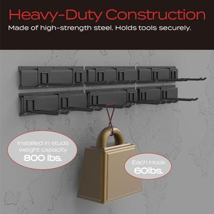 VAULTON Heavy Duty Metal Slot Wall Panel Garage Organization Kit, 6 * 16inches, Wall Mounted Tool Organizer With 12 Double Hooks, Interlocking Slot Panel, 18pcs - style: 96inch 6 Panels+12 Hooks