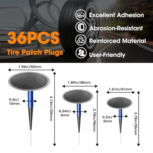 36Pcs Tire Repair Patch Tool Kit | Tire Patch Plugs with Repair Buffing Wheel Patch Roller Tool Inner Liner Scraper for Puncture Car Truck Bus Tractor Vehicle