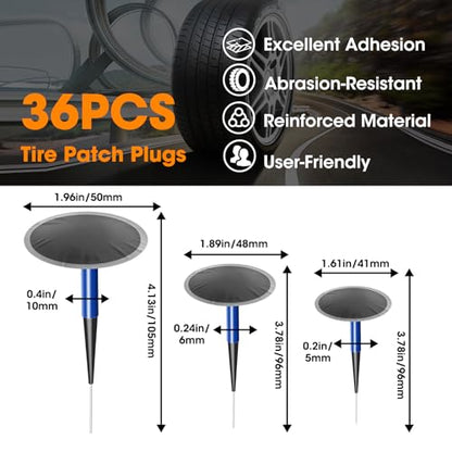 36Pcs Tire Repair Patch Tool Kit | Tire Patch Plugs with Repair Buffing Wheel Patch Roller Tool Inner Liner Scraper for Puncture Car Truck Bus Tractor Vehicle