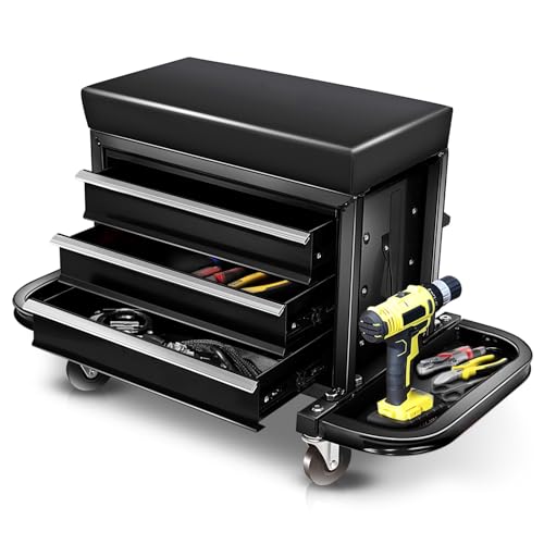 Auto Dynasty 3-Drawer Mechanic Rolling Seat, 350 LBS Capacity Roller Garage Shop Seat with Storage Tool Tray for Workshop, Repair Shop, Warehouse, Black - color: Black