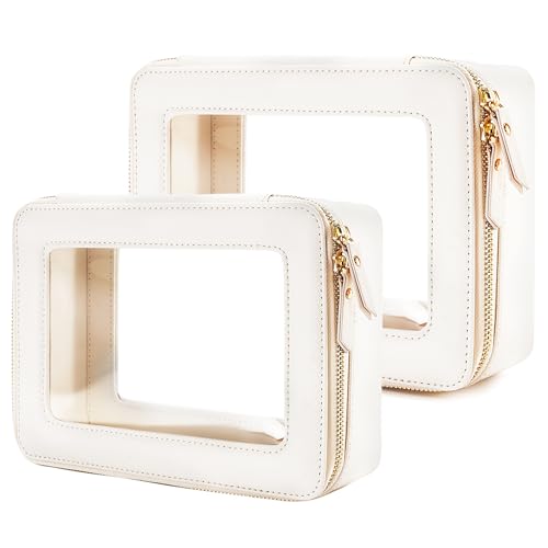 Aveniee Clear Makeup Bag Organizer Set,Portable Travel Toiletry Case for Women, Vegan Leather Cosmetic Pouch Car Bag for Essentials 2pcs,Middle & Large,Beige - color: Off-White, style: Double Style