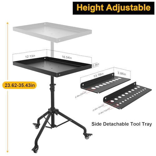 Rolling Tool Tray Cart, Mobile Work Table Tool Tray with 2 Tool Holder Metal Tattoo Tray Height Adjustable, Tool Table Rolling Utility Cart, Tray Cart Tool Storage for Salon Garage Bike Work Shop