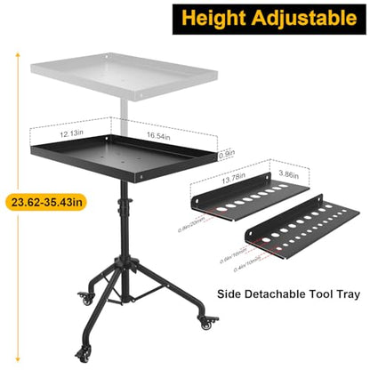 Rolling Tool Tray Cart, Mobile Work Table Tool Tray with 2 Tool Holder Metal Tattoo Tray Height Adjustable, Tool Table Rolling Utility Cart, Tray Cart Tool Storage for Salon Garage Bike Work Shop