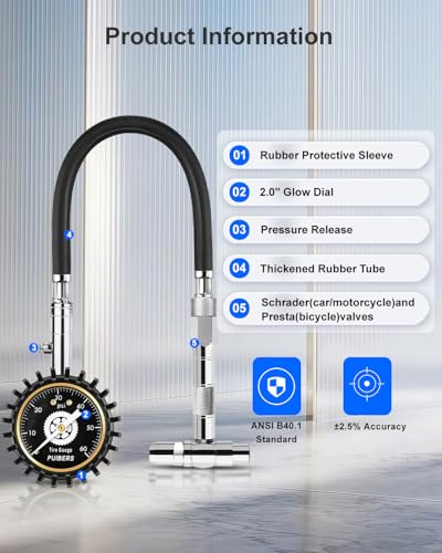 Schrader/Presta Motorcycle Tire Pressure Gauge 60 PSI， 2'' Dial Glow in Dark - Tire Air Pressure Gauge for Car, Motorbike, Bicycle,SUV,Truck Fits Schrader/Presta Valves - size: 60PSI Schrader/Presta