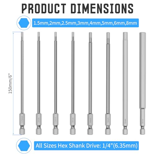 8 Pcs S2 Steel Hex Bit Set, H1.5-H8, 150mm Length, 1/4" Shank | Magnetic Hex Head Allen Wrench Screwdriver Bit Set, 1/4" Hex Shank, Impact Driver Bits for Auto Repair, Furniture & DIY - size: 8 pcs/set, style: 150mm